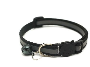 Reflective Dog Collar Pet Cat Puppy Nylon Collar with Bell Neck Adjustable (Color: Black, size: m)